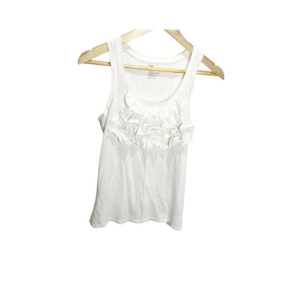 GAP Tops - Gap Tank Top Womens Size S White Ruffle Round Neck Dressy Cotton Polyester Top